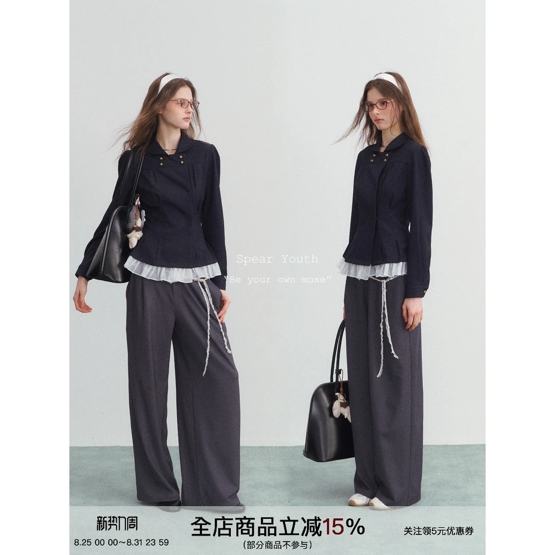 “无可替代”双排扣牛仔打褶收腰衬衫通勤上衣外套