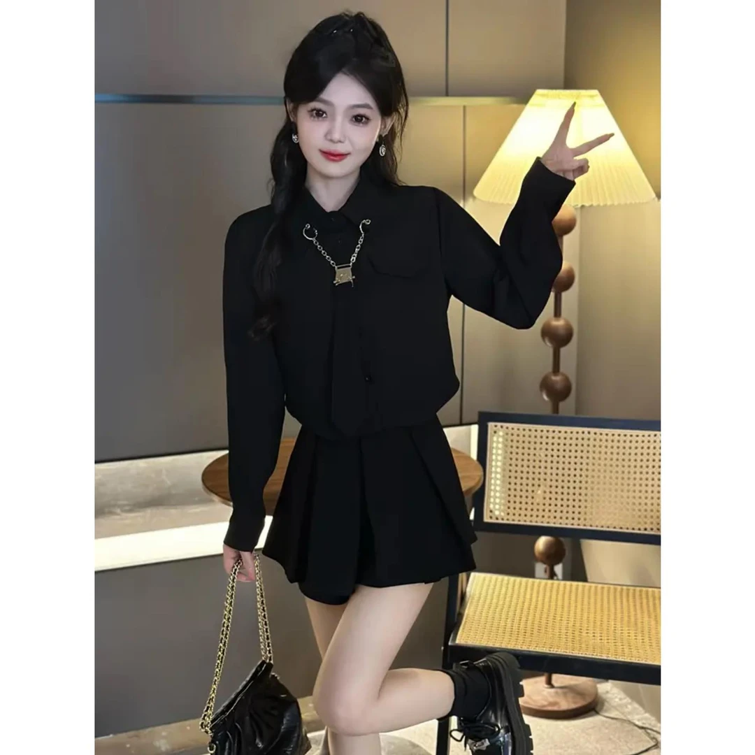2025春韩版甜酷风洋气百搭长袖翻领短款领带黑色衬衫半身裙两件套