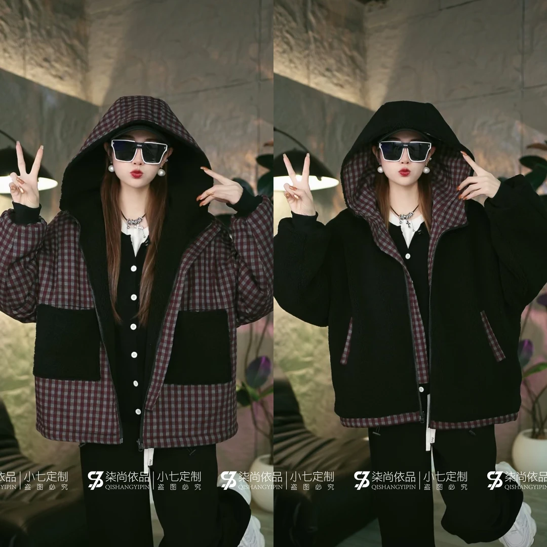 【小七定制】冬季新款两面双穿颗粒绒复古格子连帽外套上衣8126