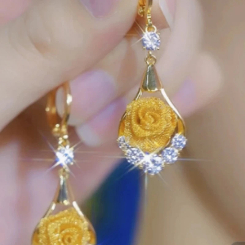 合金锆石耳饰 【七夕情人节】镶钻金色玫瑰花耳环