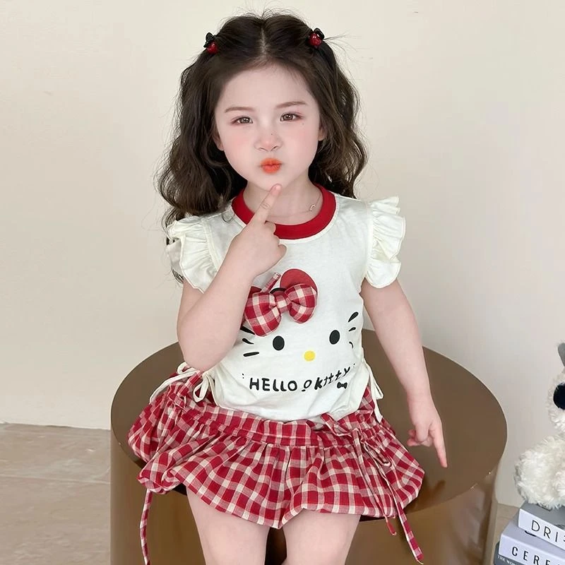 女童夏季飞袖套装2025新款儿童可爱半身格子裙洋气两件套宝宝8274