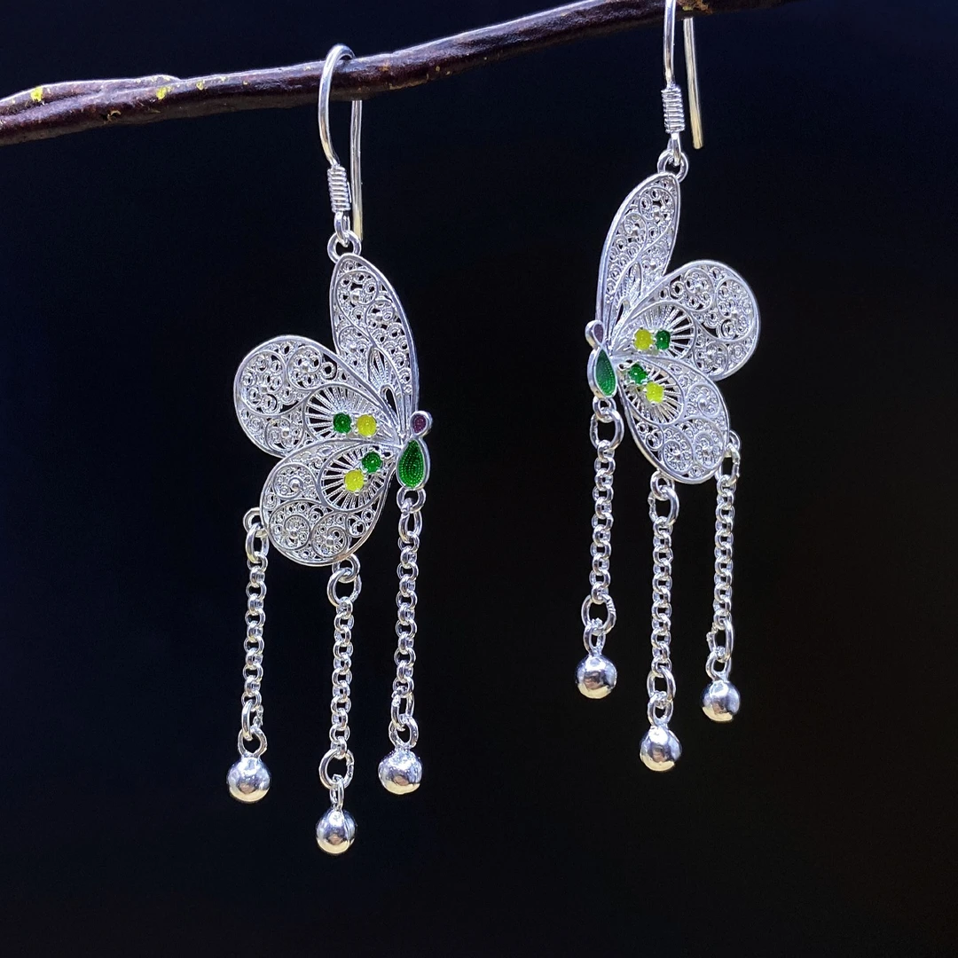 足银耳饰 足银珐琅彩蝴蝶流苏耳环