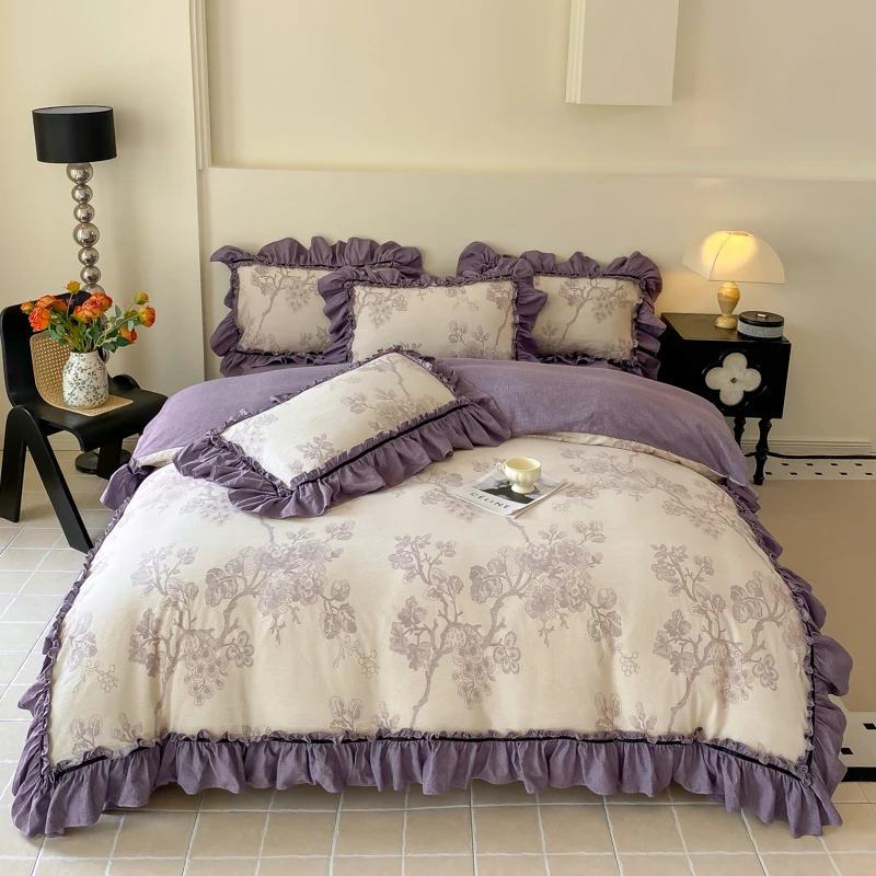 法式复古水洗亚麻花边款四件套不起球加厚四季款床品被套高端套件