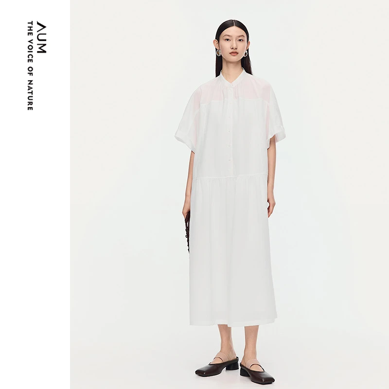 AUM夏日漫游白色淡人穿搭休闲衬衫式圆领中长款连衣裙M1FZ25276