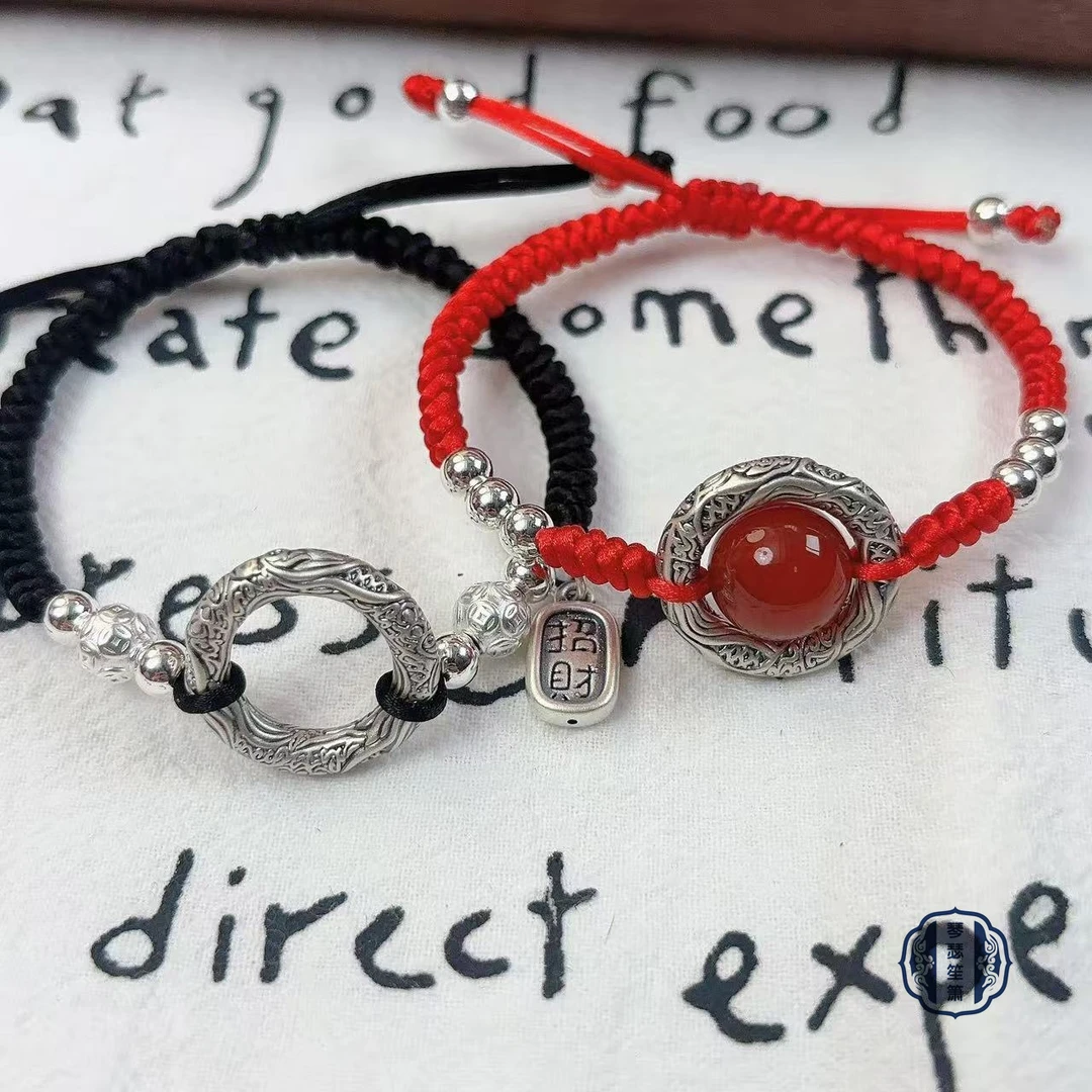 足银手链 手链红色珠宝时尚百搭复古足银999乾坤圈编织手绳情侣款