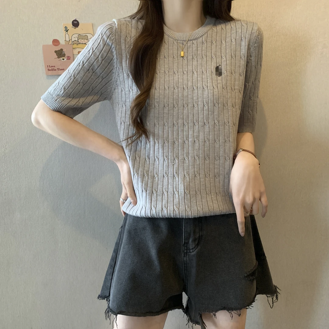 738【大码】女装韩版圆领刺绣设计感短袖针织打底衫毛衣女夏百搭