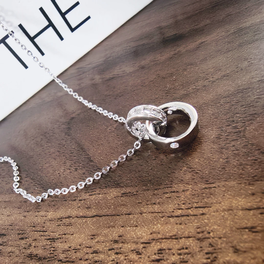 坠链均925银合成锆石 精工时尚百搭电白气质双环精致轻奢银项链