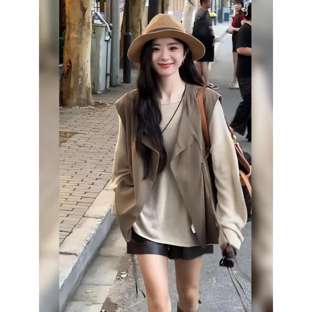 阿兰麻杏茶色防晒长袖罩衫上衣+2024新款秋季抽绳飘带马甲三件套