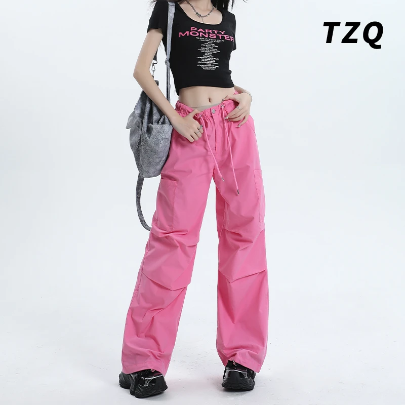 2025夏季工装裤松紧腰休闲裤女宽松百搭高腰阔腿拖地裤TZQ2532425