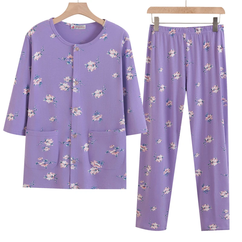 中老年女士七分袖套装妈妈针织中袖开襟衫居家空调九分睡裤