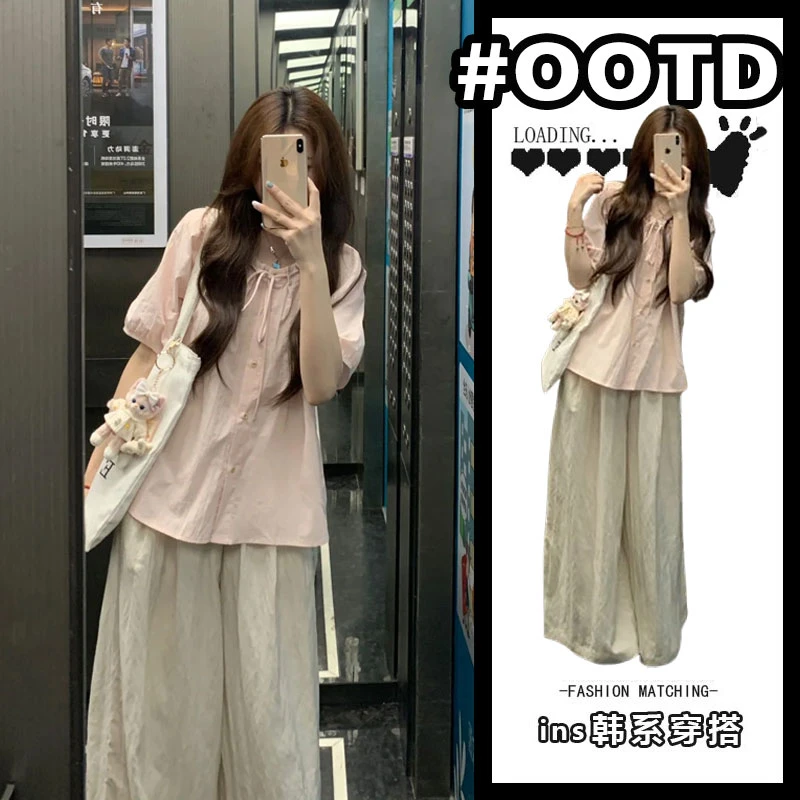 韩系穿搭一整套女夏季新款设计感小众短袖衬衫高腰阔腿裤两件套装