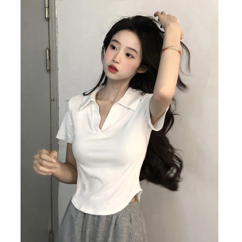 2025新款polo领短袖T恤女夏季不规则显瘦上衣ins时尚遮肚小众