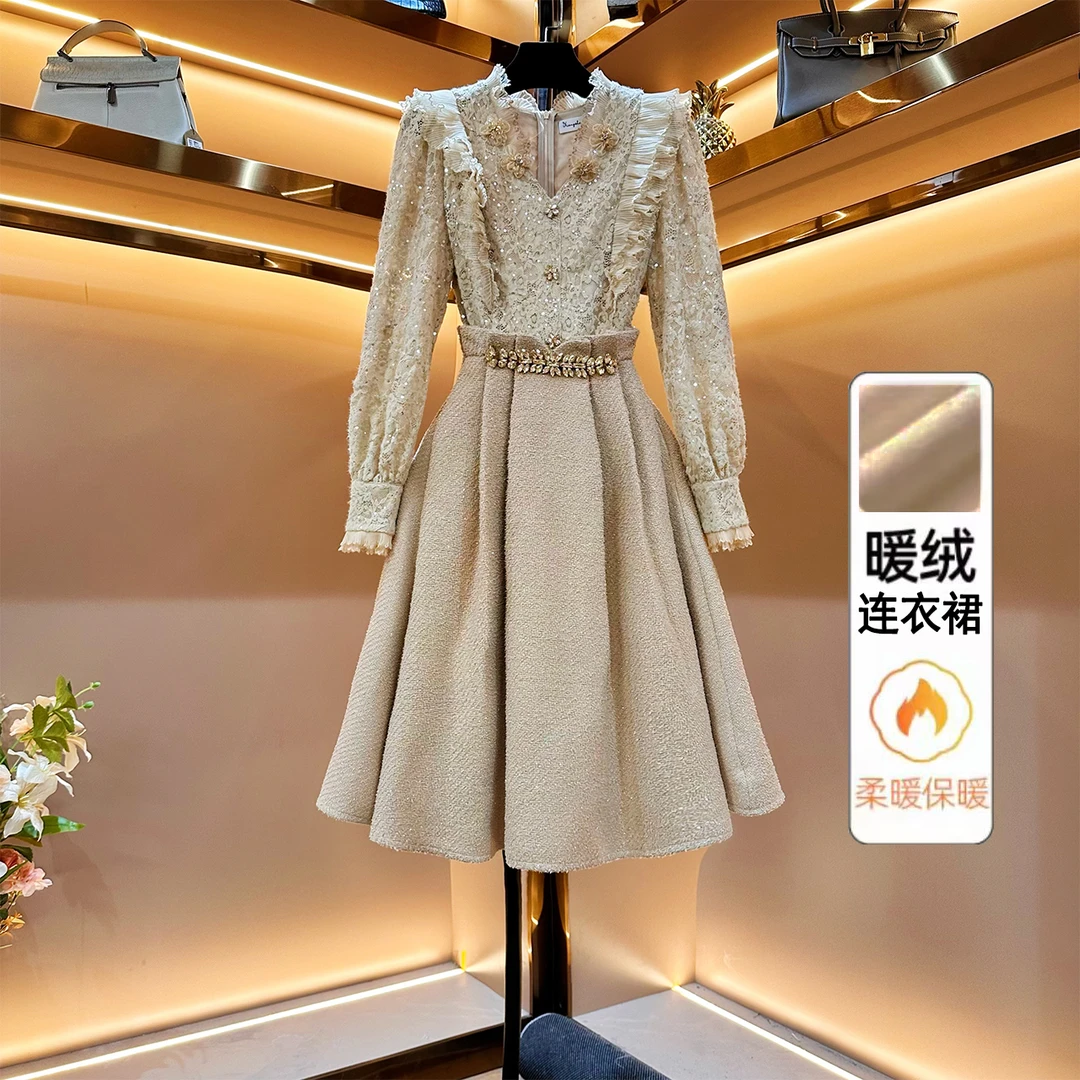 【旧夕缦色】《ZM》加绒轻奢款优雅气质修身时尚收腰连衣裙-88180