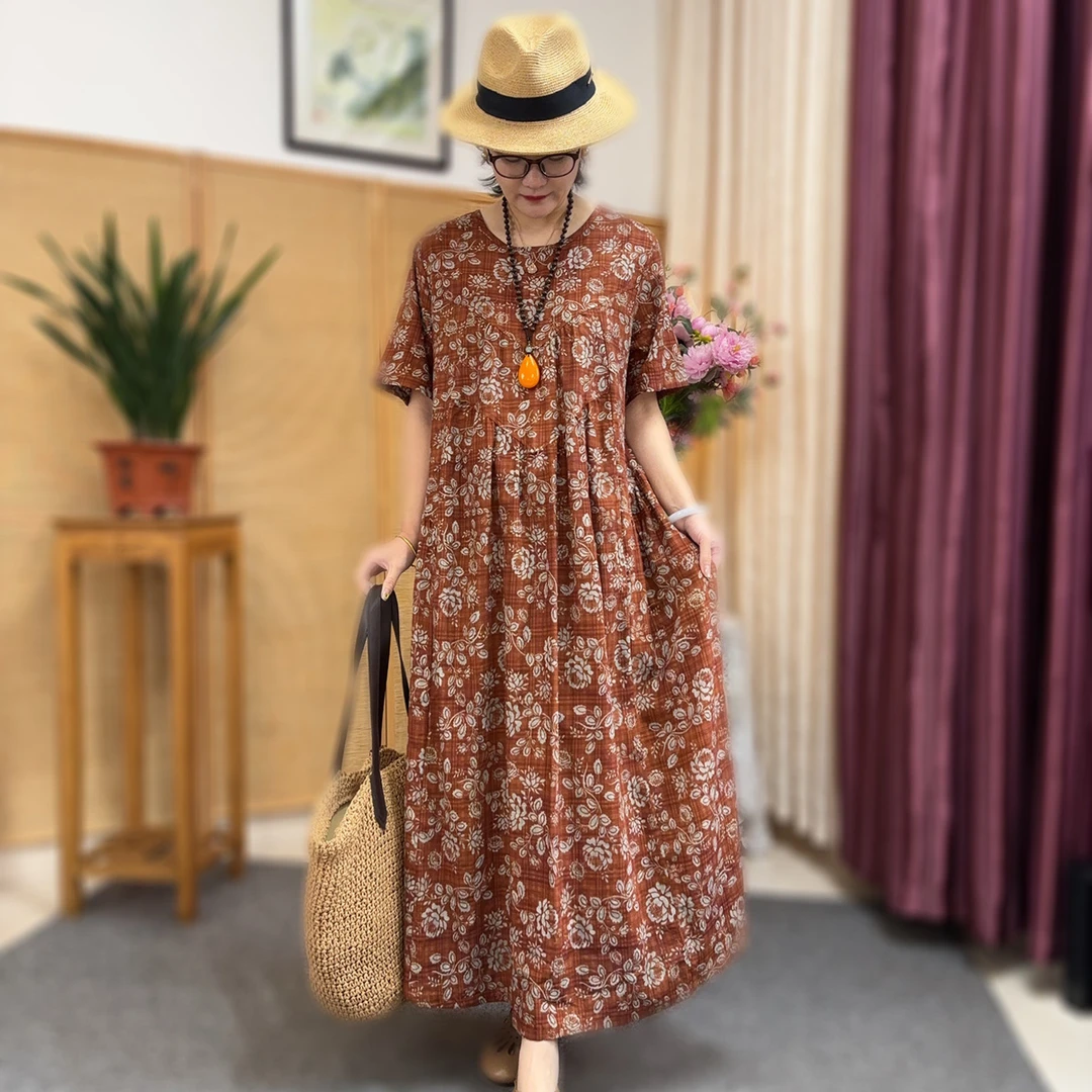夏季宽松大版文艺棉麻度假风时尚拼接圆领短袖气质百搭连衣裙P63