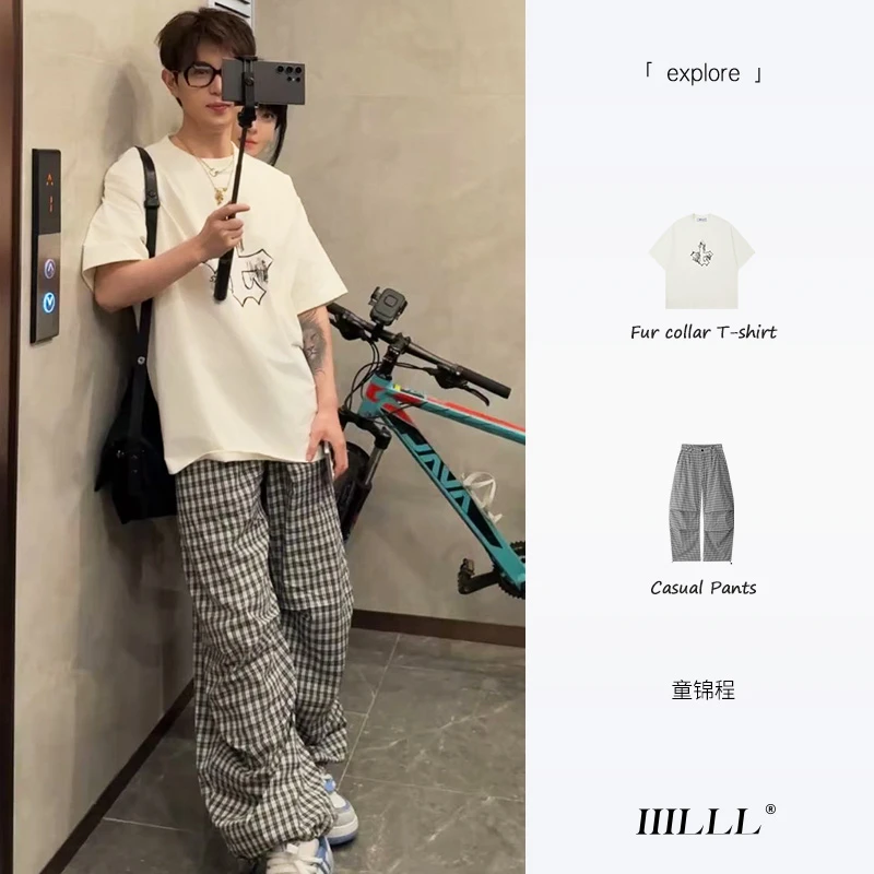 IIILLL童锦程格子弯刀裤男春夏美式复古情侣褶皱伞兵裤阔腿休闲裤