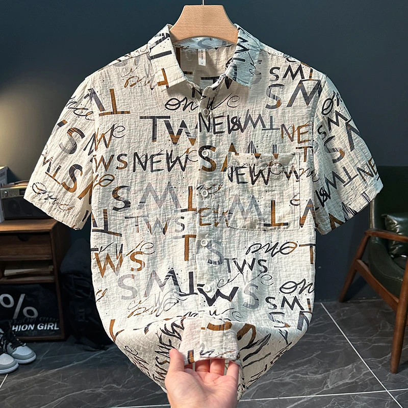 轻奢潮牌亚麻印花短袖衬衫男士夏季薄款时尚百搭休闲宽松透气衬衣
