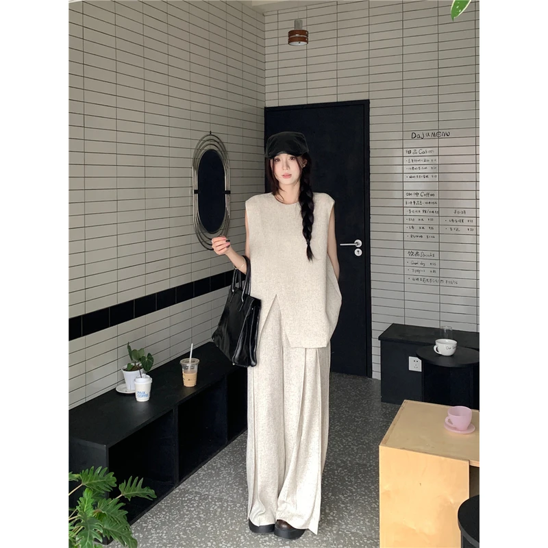 重磅仿麻肌理穿搭不规则廓形套装马甲阔腿裤女老钱风17901