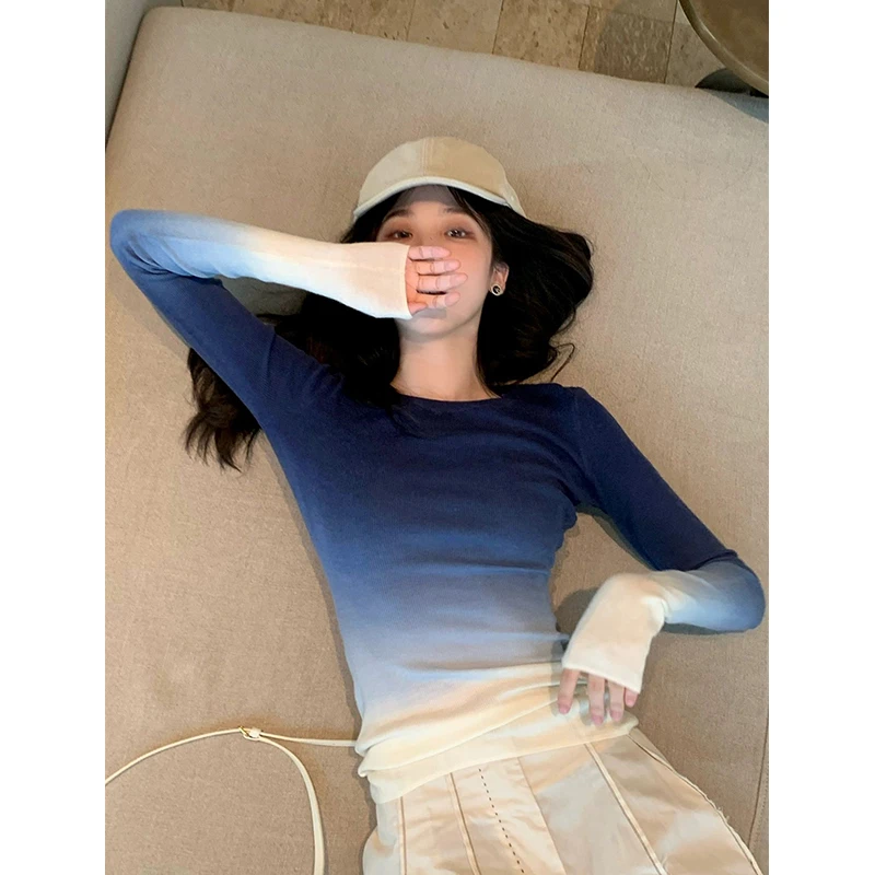 渐变蓝长袖t恤女秋冬设计小众修身内搭上衣紧身显瘦打底衫健身衣