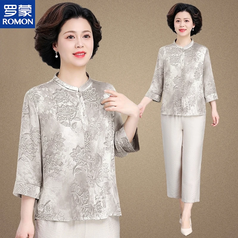 Romon/罗蒙中老年人妈妈装夏季洋气气质时尚宽松百搭休闲衬衣衬衫
