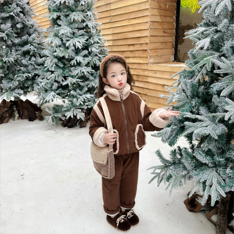 儿童新款洋气秋冬季保暖女童加绒加厚休闲套装外套宝宝冬装两件套