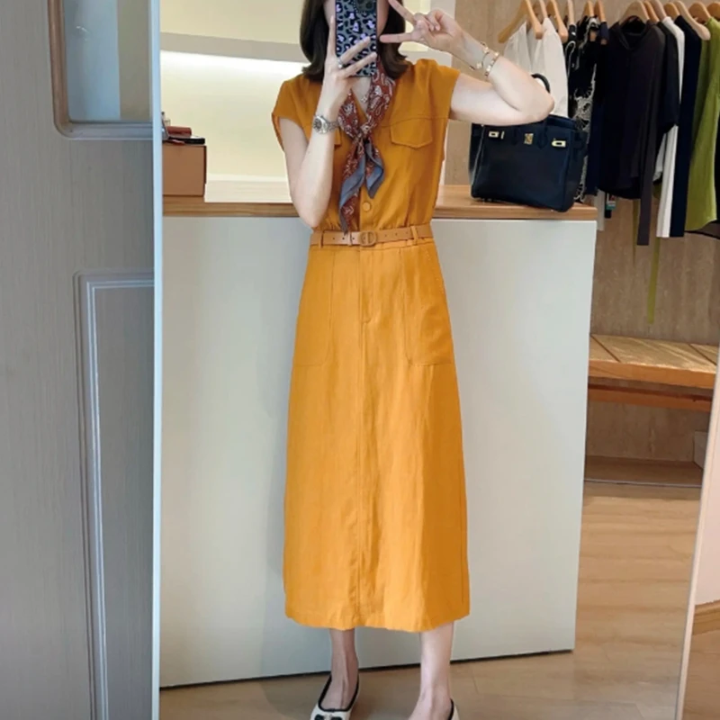 25夏季新款高级感气质减龄长款连衣裙收腰显瘦通勤纯色设计裙子