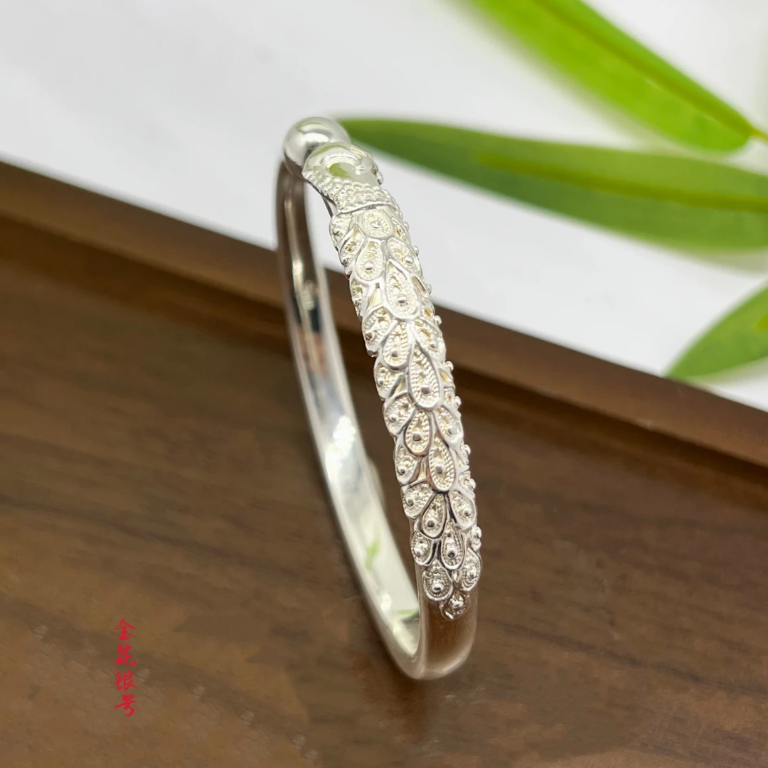 足银银制品 足银拉丝凤凰手镯【金花银号】时尚百搭民族风纯手工