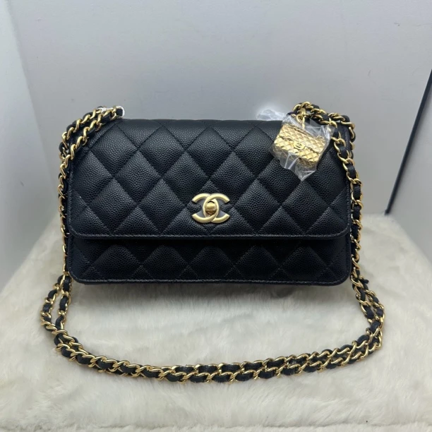99新 Chanel/香奈儿 23s黑金cf吊坠风琴包腋下包