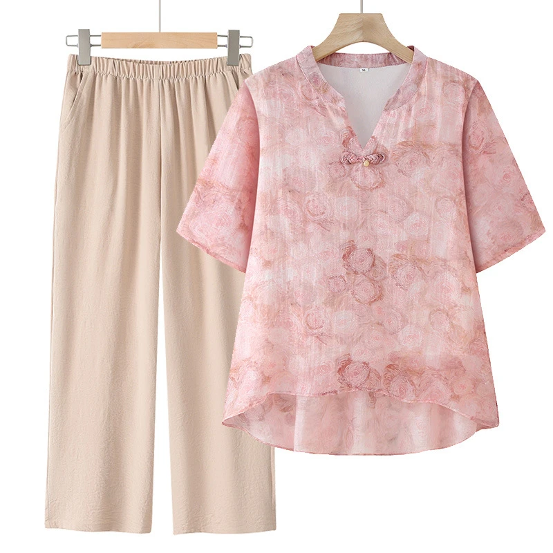 夏季妈妈装新款中式短袖气质显瘦百搭大码中老年女T恤中国风套装