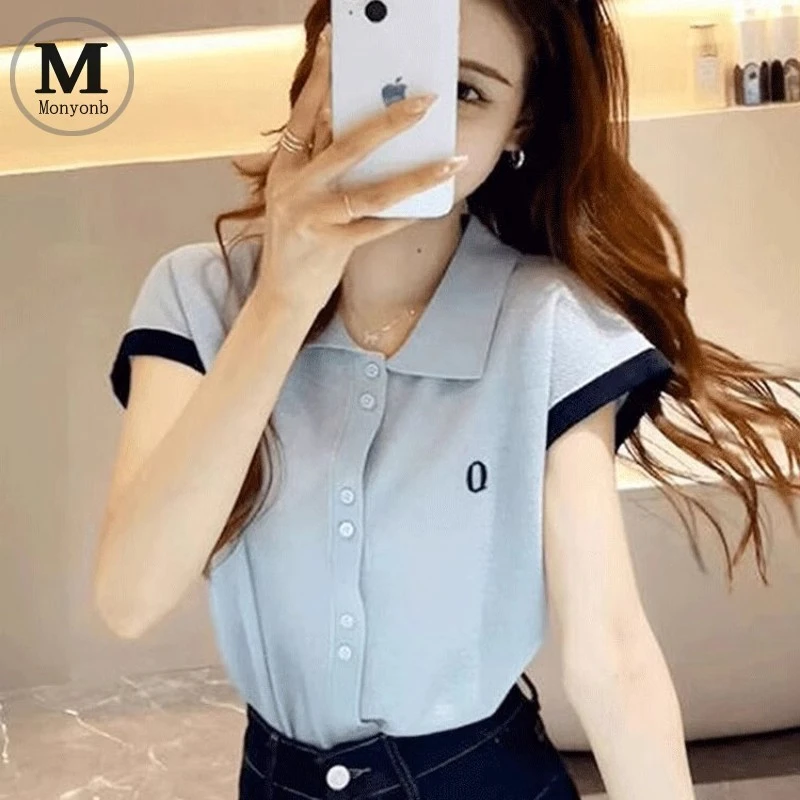 冰丝短袖t恤女夏季2025新款薄宽松显瘦针织衫polo领飞袖体恤上衣