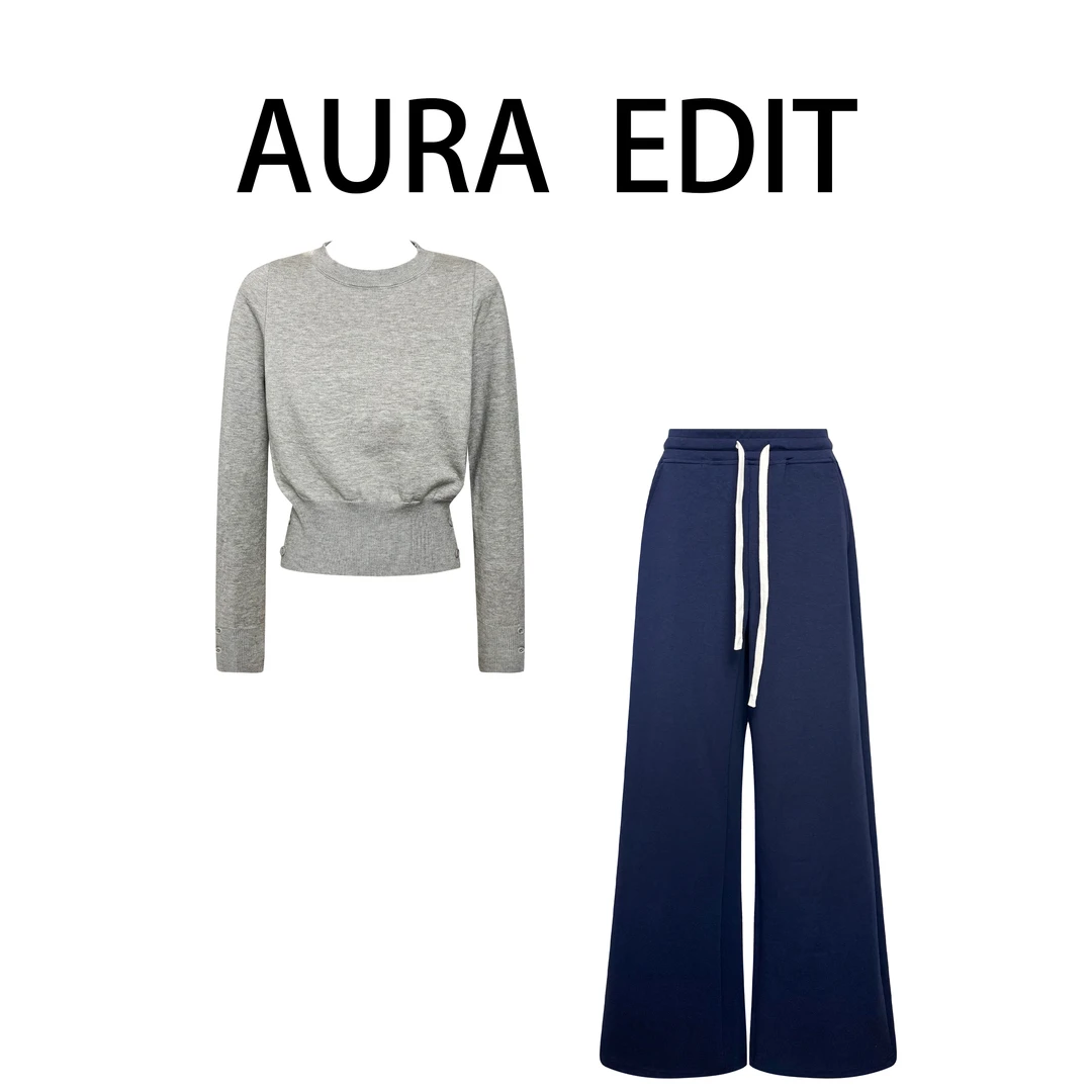 2025秋冬松弛感时尚洋气灰色长袖休闲上衣松紧腰直筒休闲裤套装女