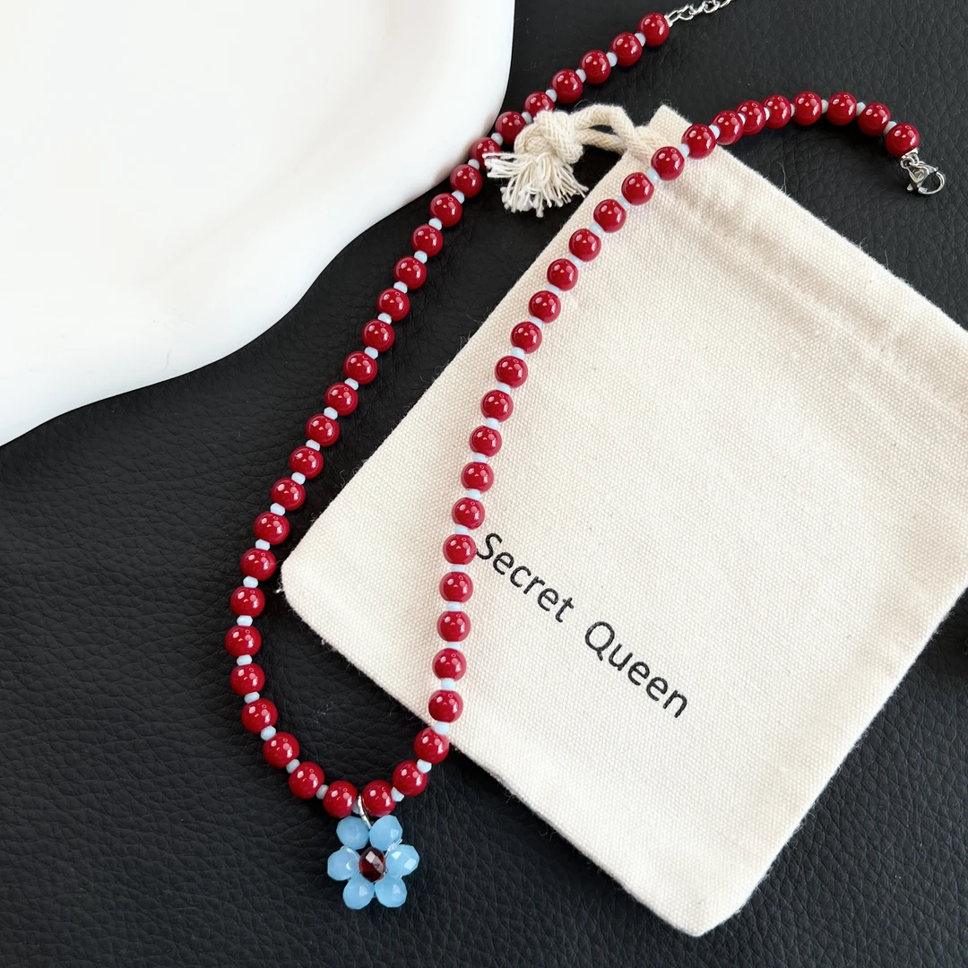 铜合金琉璃项链 小众设计红珠蓝色花朵项链AE171