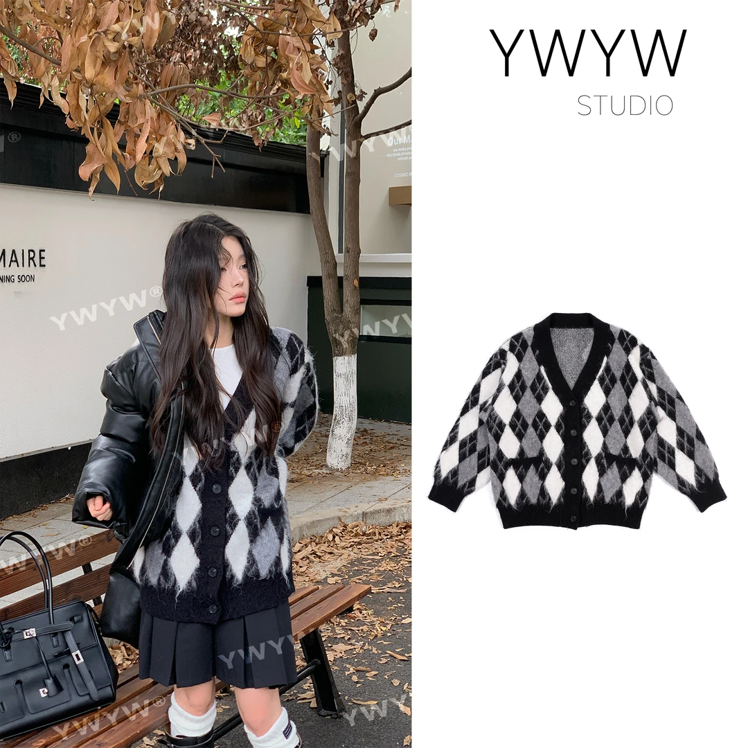 【YWYW24F/W】秋冬慵懒宽松拉毛格子方块针织纽扣开衫3531