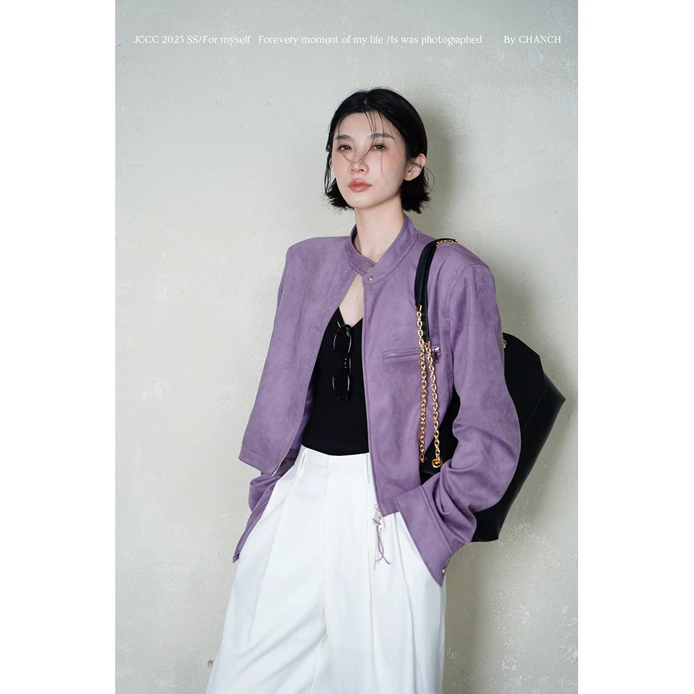 JCCC影子【紫藤上】复古紫色立领仿麂皮夹克短外套JE5ASW13