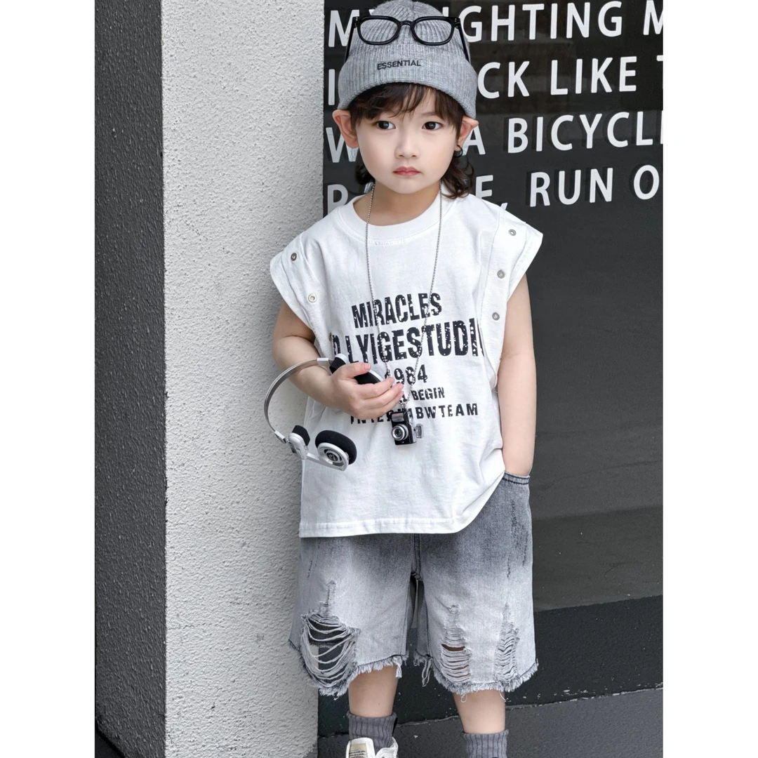 巴拉bal­a清仓男童潮酷套装2025夏季新款儿童破洞无袖韩版黑