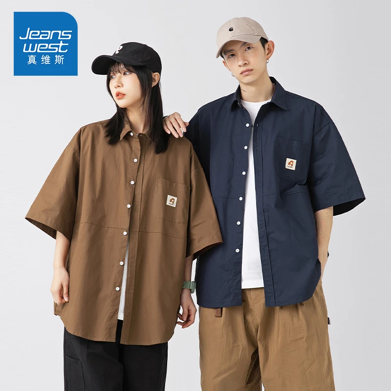 Jeanswest/真维斯男士宽松百搭纯棉短袖衬衫夏季潮牌翻领衬衣外套