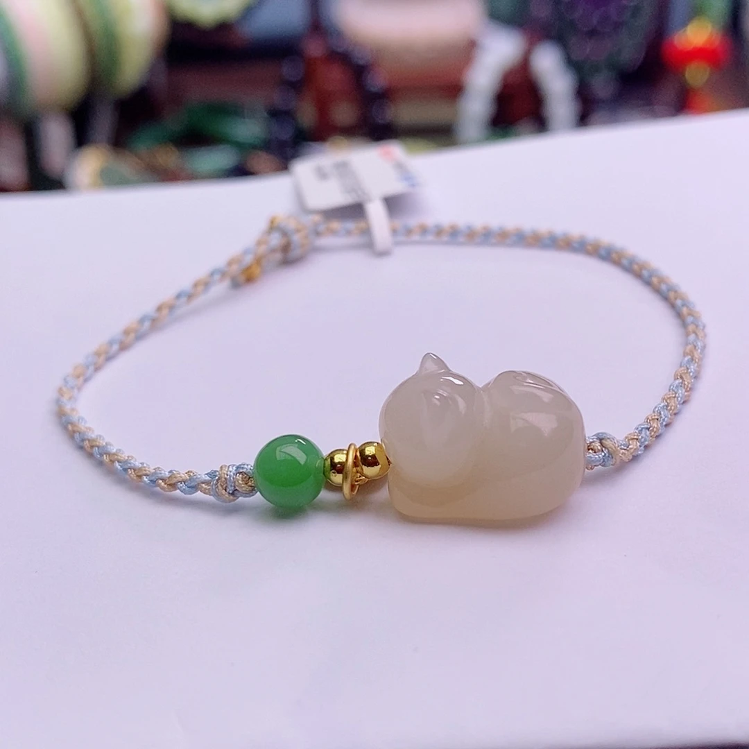 和田玉未镶嵌颈饰熟藕粉银镶趴趴猫手链