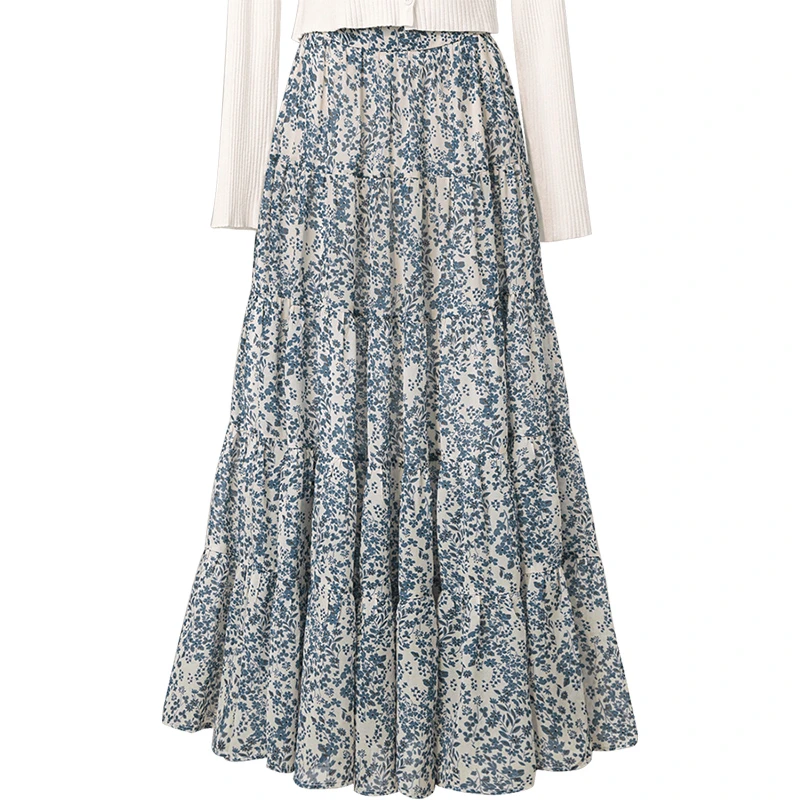 丝柏舍2025春装新款女装高腰中长款大摆法式碎花半身裙S51R1005B