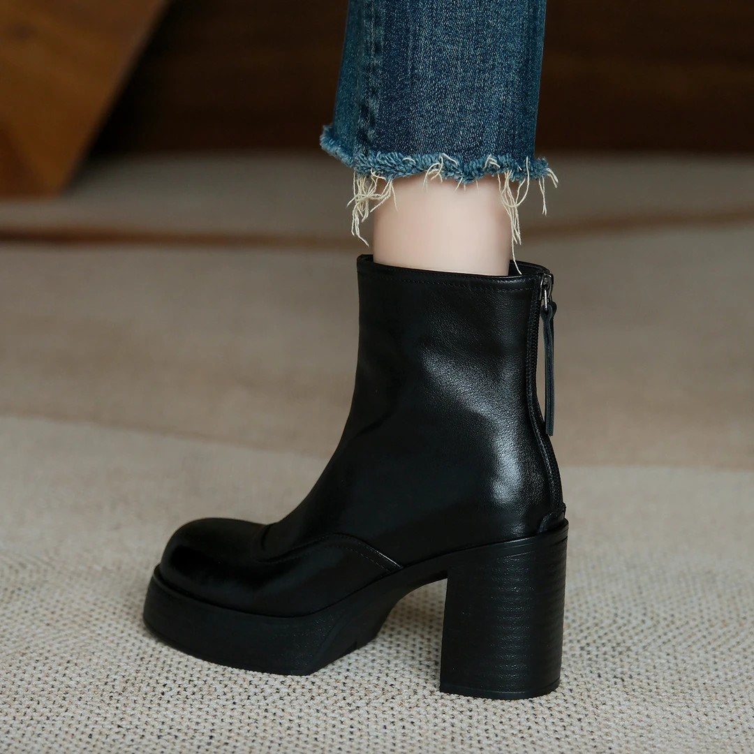 MENEER-M  2025新款真皮圆头粗高跟短靴女后拉链防水台及踝靴子