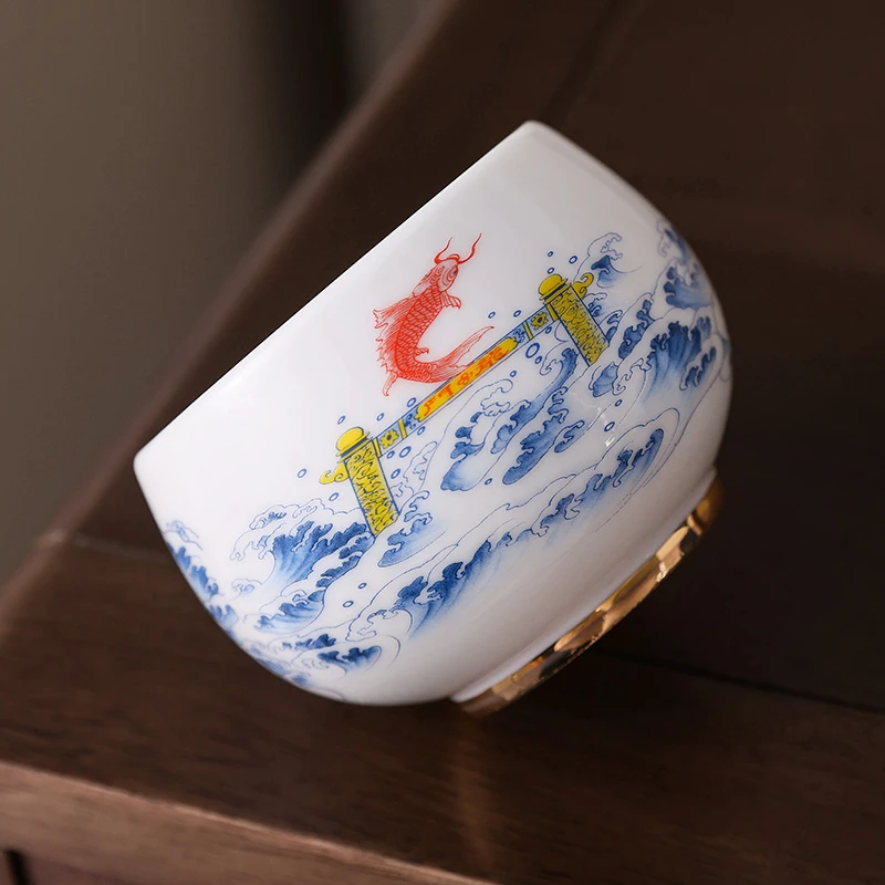 羊脂玉鱼跃龙门主人单杯大容量陶瓷茶杯单杯子个人专用轻奢喝茶杯