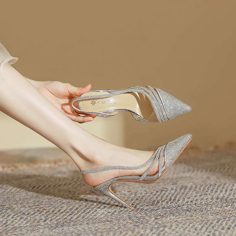 法式水钻凉鞋女款2025新款夏季外穿高级感尖头高跟鞋细跟仙女单鞋