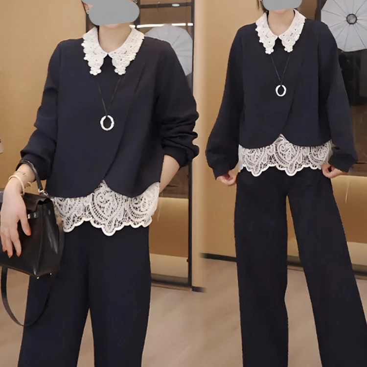 气质名媛时尚洋气套装女2025春秋新款韩版蕾丝领卫衣阔腿裤两件套