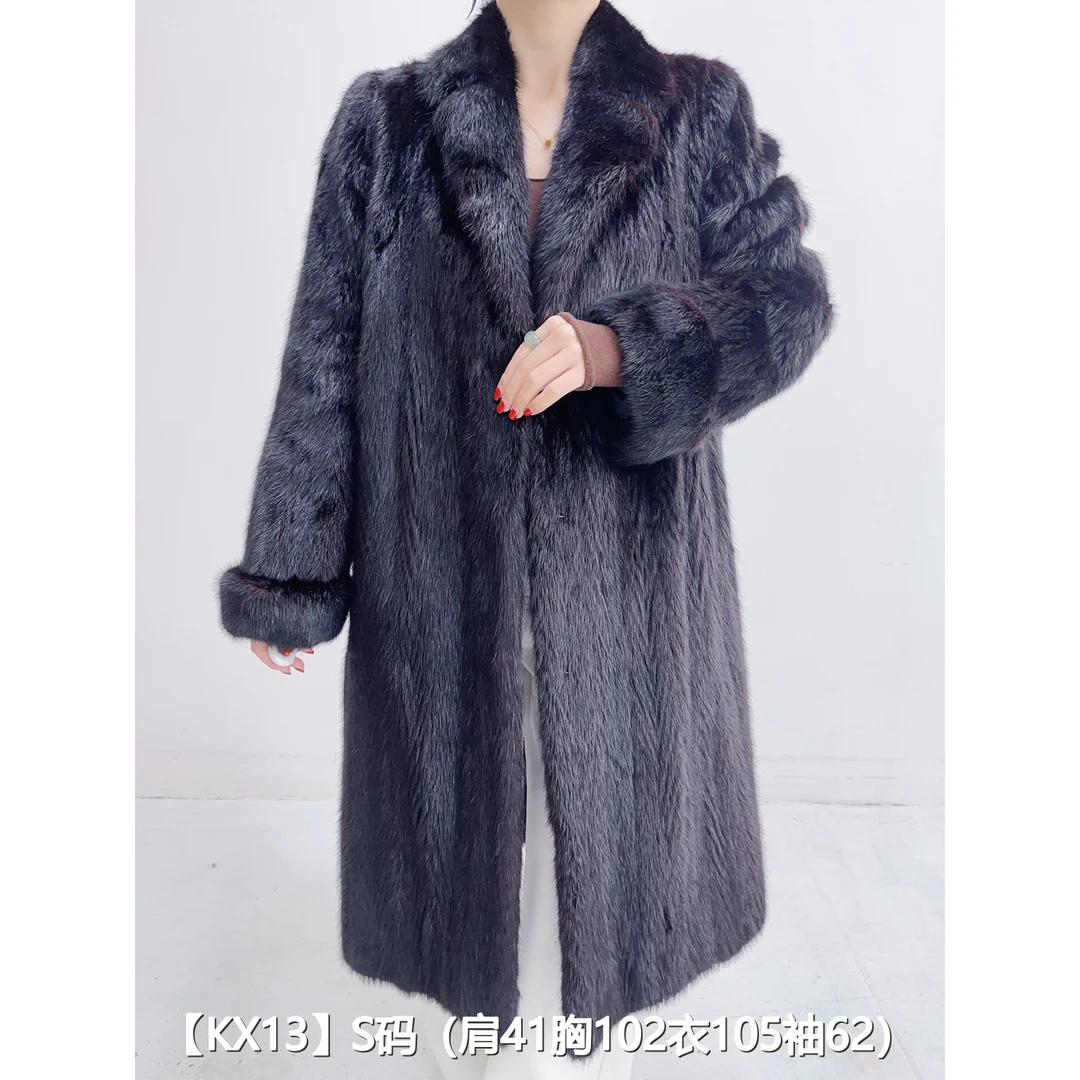 【KX13】S 红黑色超长款全抽貂皮大衣外套女 西装领挽袖 46013
