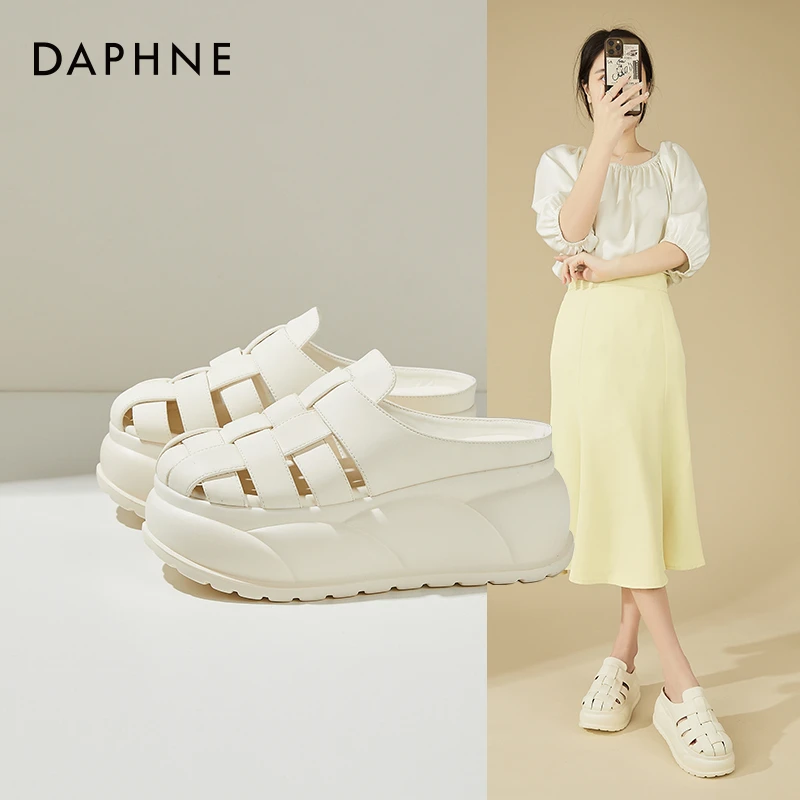 Daphne/达芙妮包头半拖鞋女夏外穿镂空编织穆勒鞋罗马懒人鞋厚底