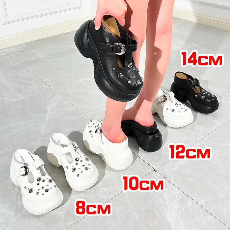 张匠人14公分夏季内增高包头拖鞋12厘米真皮洞洞10cm百搭外穿铆钉