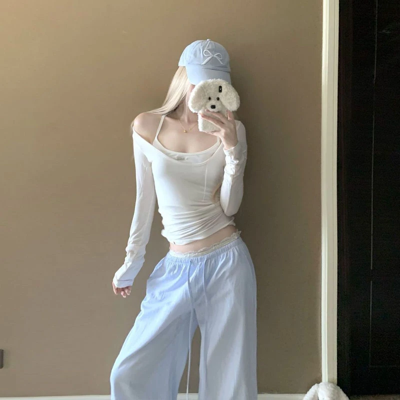 美式时尚V领长袖t恤女春秋新款慵懒风防晒罩衫薄款修身打底上衣潮