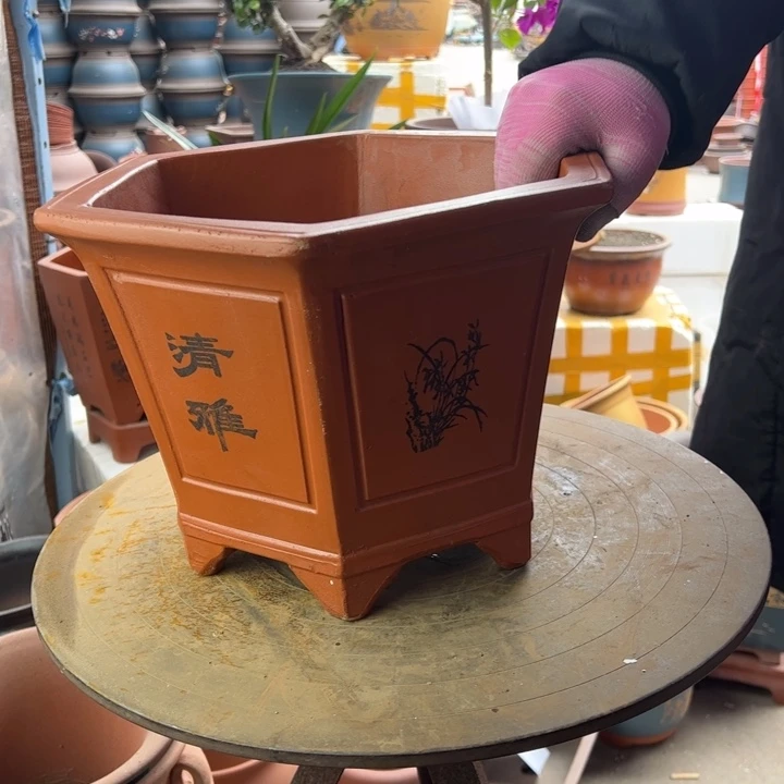 紫砂宜兴紫砂花盆红六方32