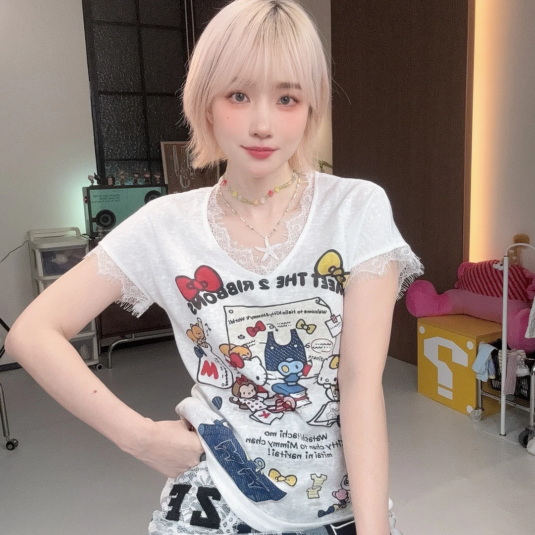 Apr.【KT小裁缝】软蕾丝拼接显瘦夏季雪花棉休闲百搭T恤女夏25ST408