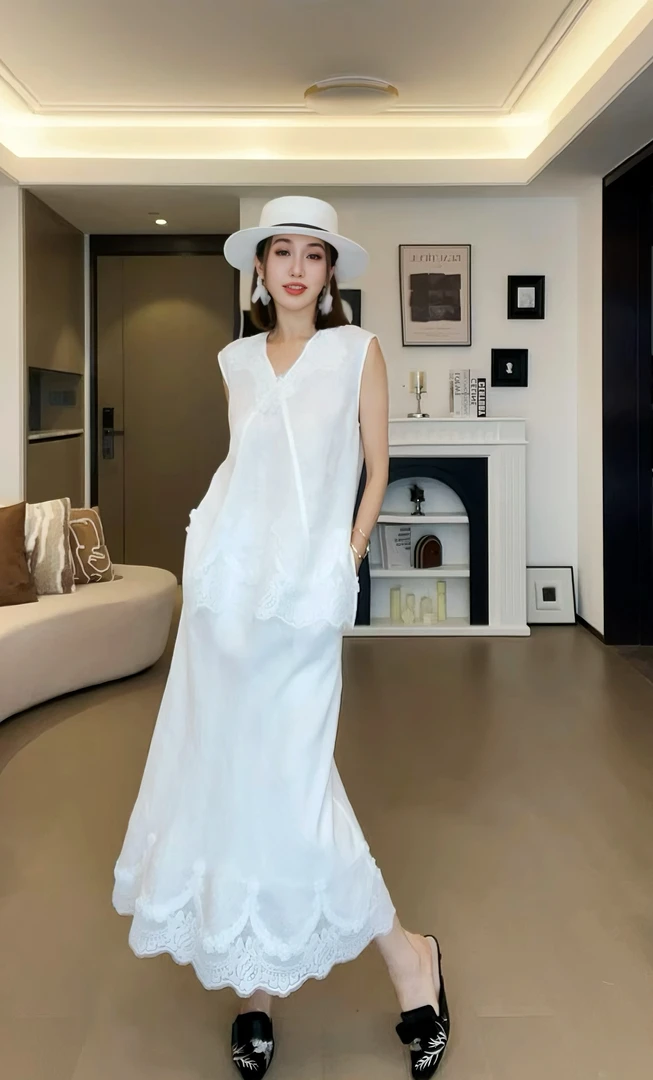 【白色童谣】手工钉珠法式浪漫蕾丝白色高级套裙宽松无袖背心半裙