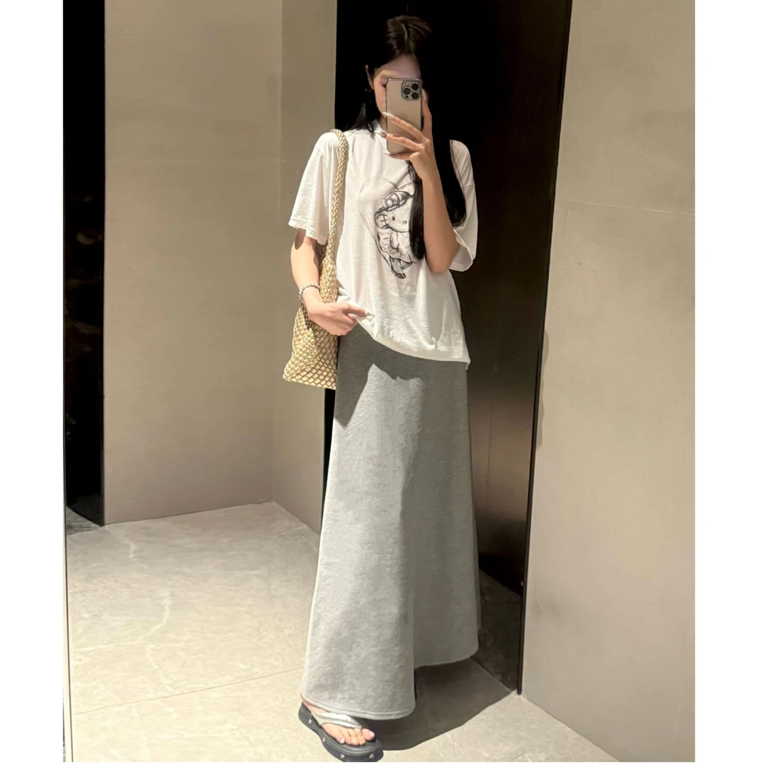 高腰灰色半身裙长款女夏季垂感宽松百搭显瘦空气层伞裙