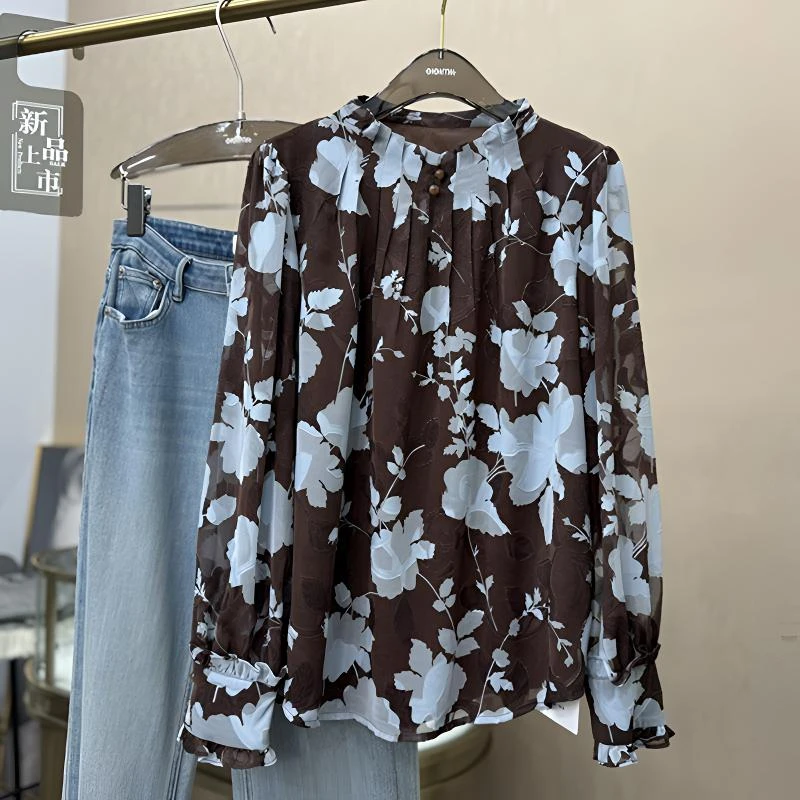 原里（原野焦糖）2025春季韩范时髦轻奢圆领碎花气质优雅印花套头衫